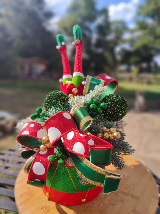 Christmas traditional drum centrepiece tablecentre cheeky whimsical elf green red gold