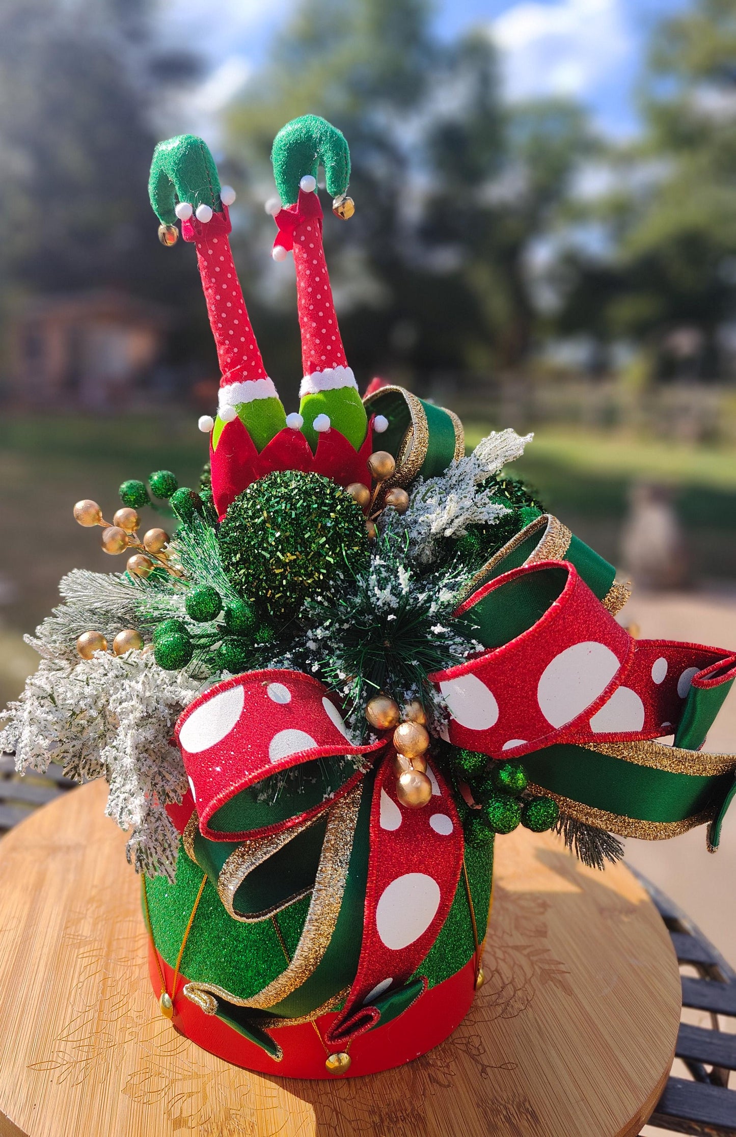 Christmas traditional drum centrepiece tablecentre cheeky whimsical elf green red gold