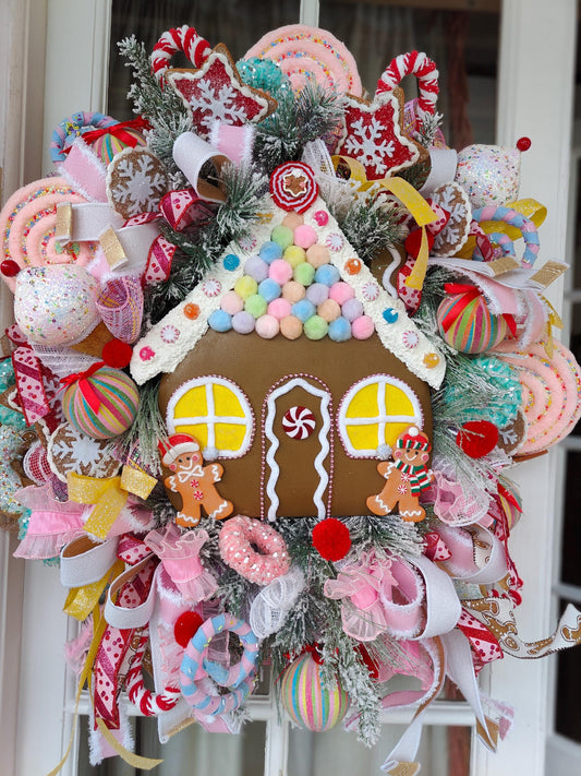 Christmas Gingerbread House Wreath large unique bespoke one off multi colours