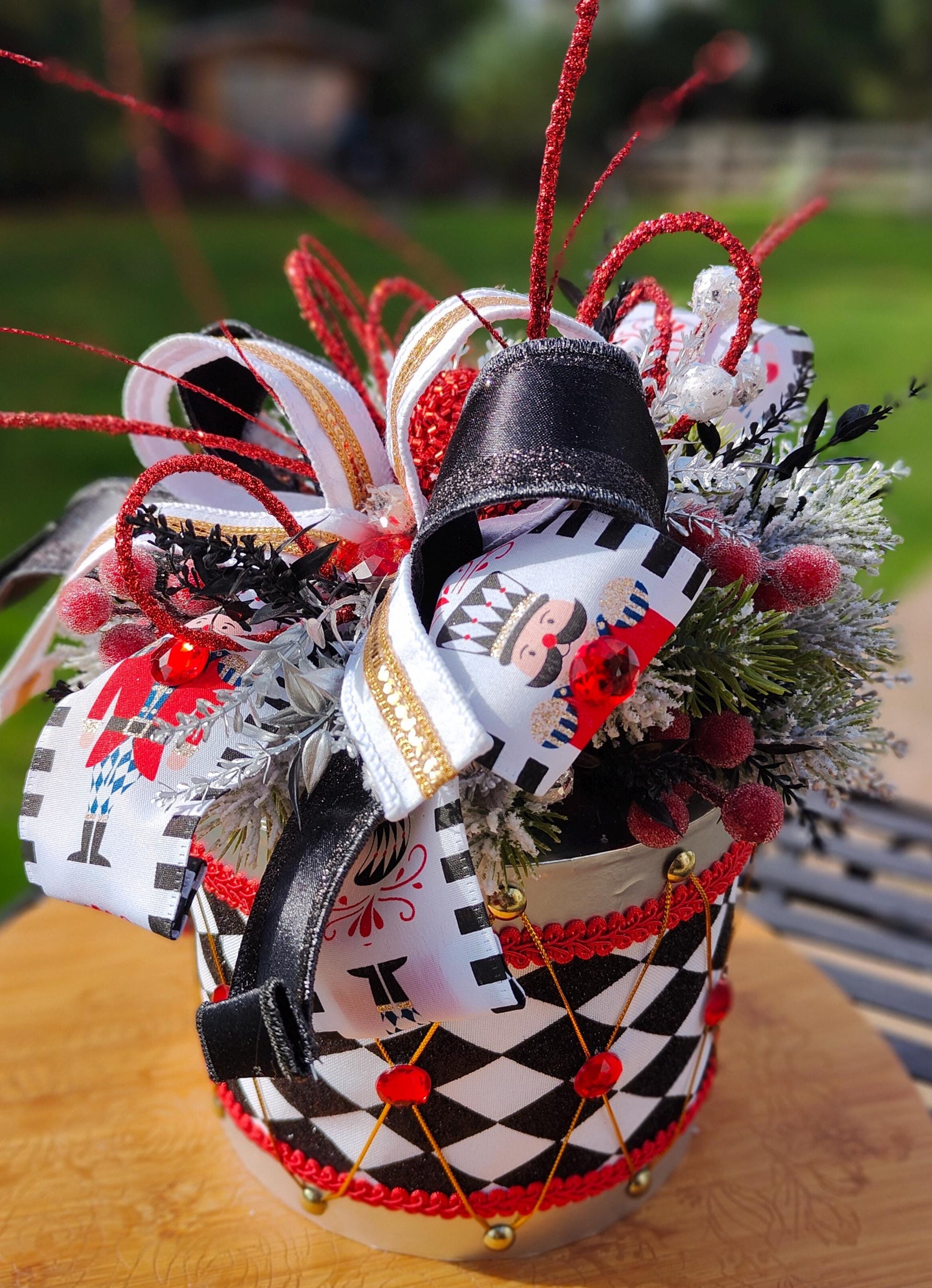 Christmas red and silver drum centrepiece tablecentre unique display Christmas tree decoration
