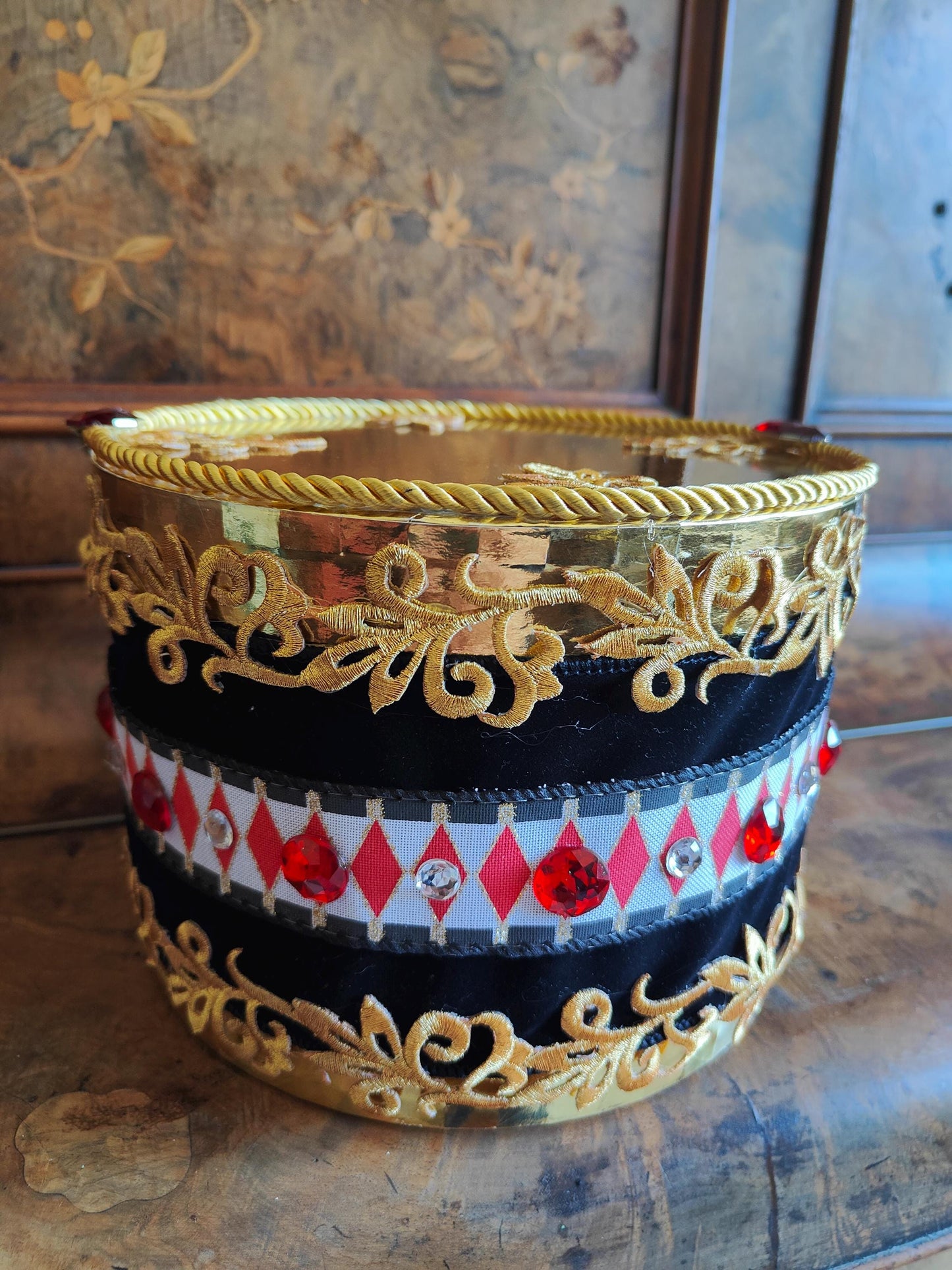 Drum Christmas decoration handmade harlequin gems gemstones black white red gold