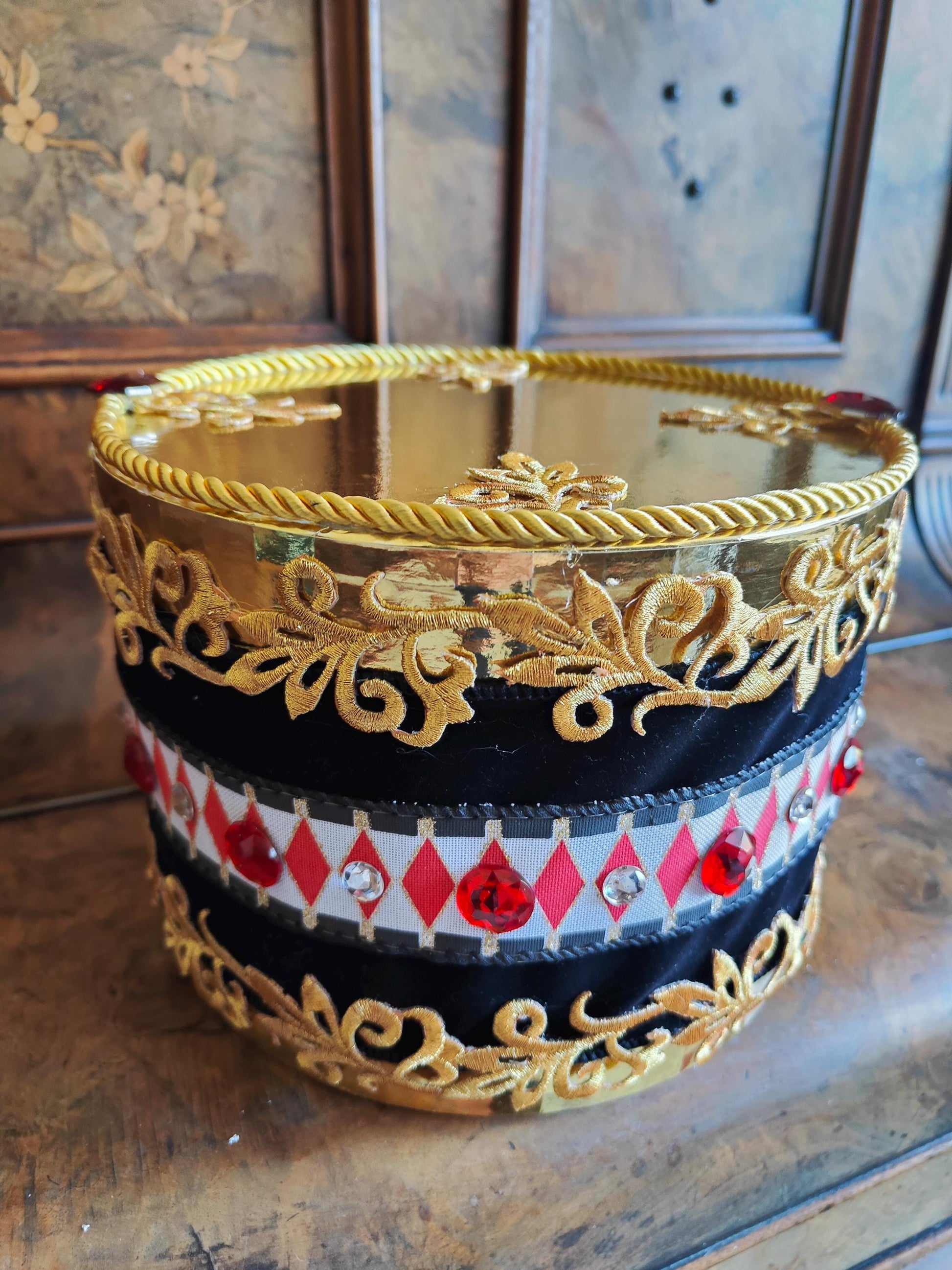 Drum Christmas decoration handmade harlequin gems gemstones black white red gold