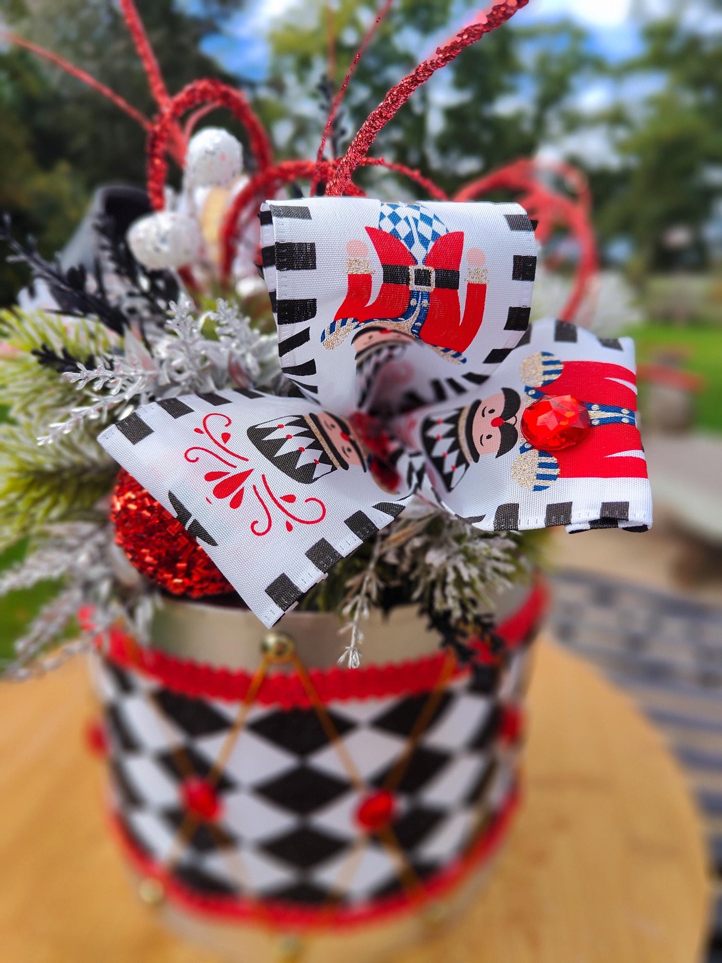 Christmas red and silver drum centrepiece tablecentre unique display Christmas tree decoration