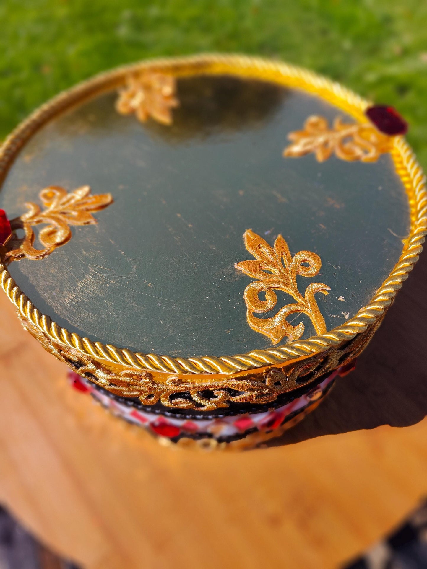 Drum Christmas decoration handmade harlequin gems gemstones black white red gold