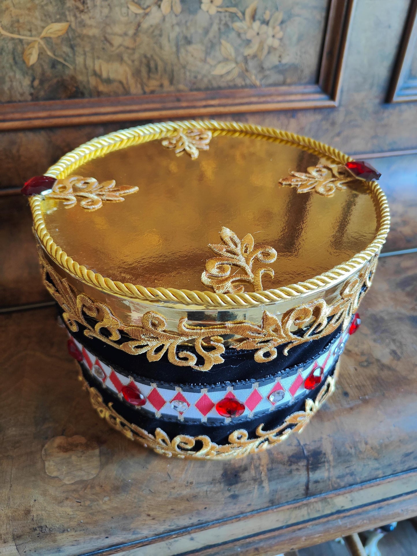 Drum Christmas decoration handmade harlequin gems gemstones black white red gold