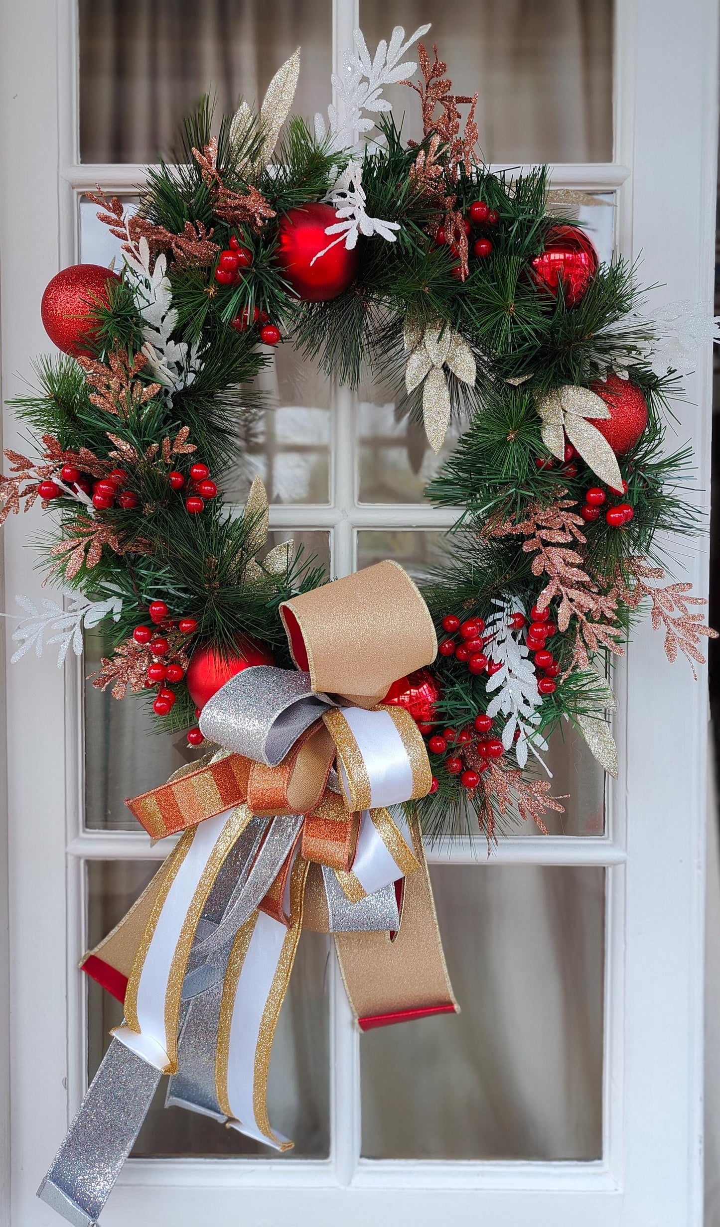 Christmas wreath large copper gold silver white red evergreen faux artificial 64cm