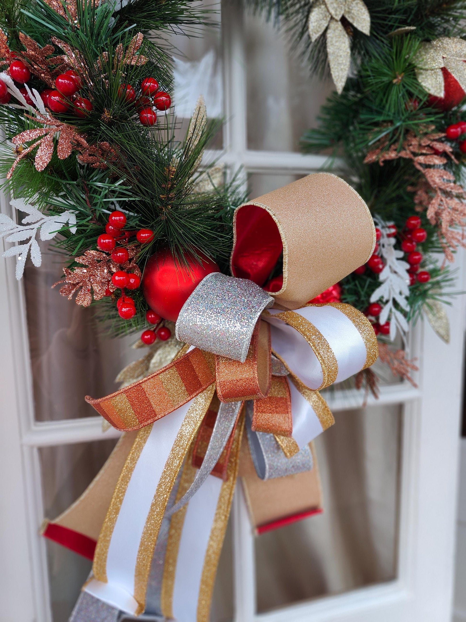 Christmas wreath large copper gold silver white red evergreen faux artificial 64cm