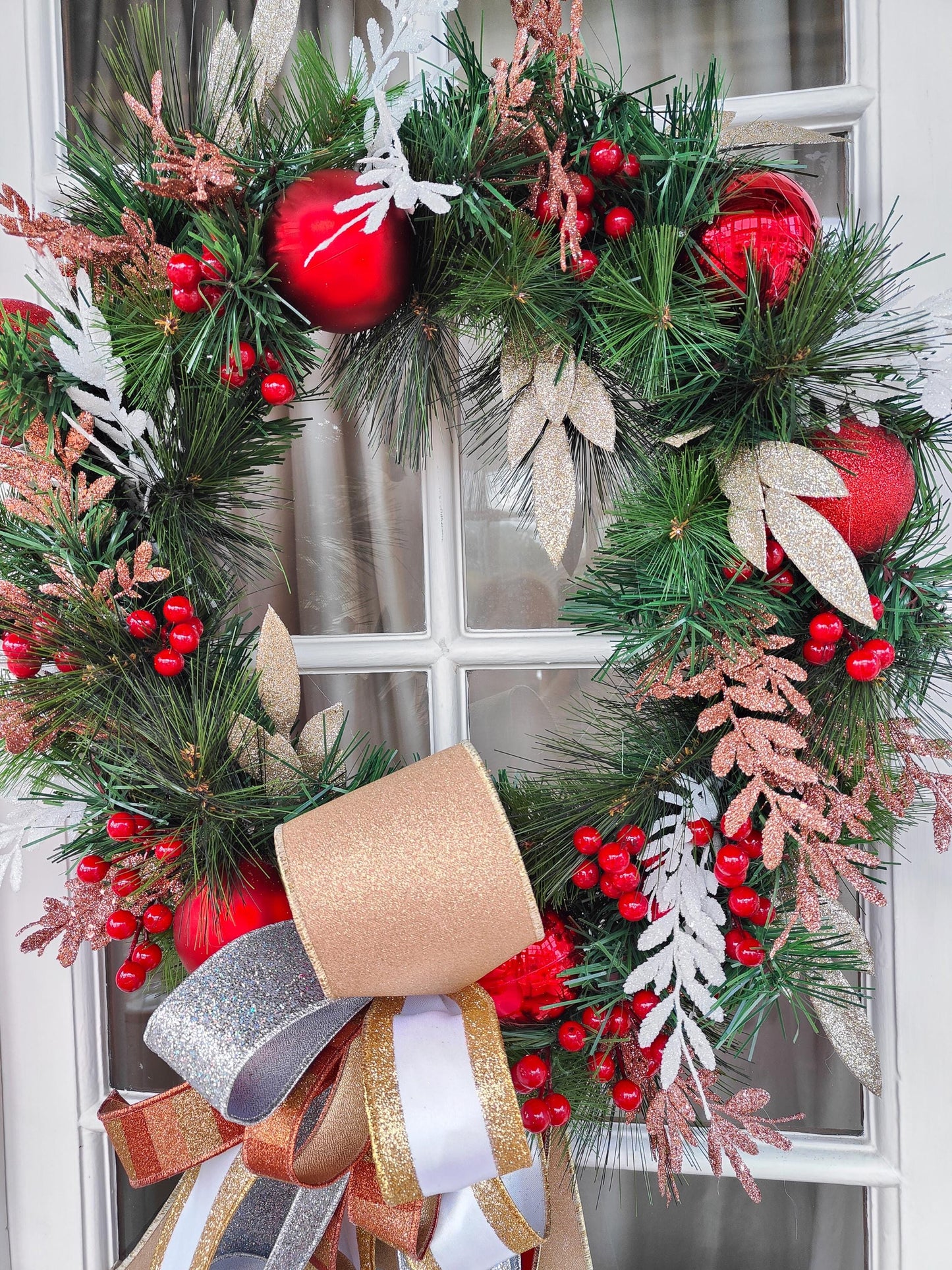 Christmas wreath large copper gold silver white red evergreen faux artificial 64cm