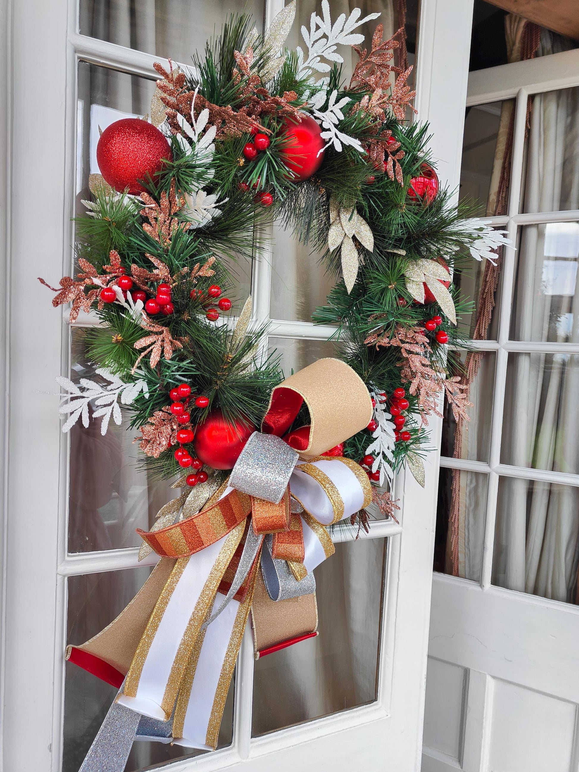 Christmas wreath large copper gold silver white red evergreen faux artificial 64cm