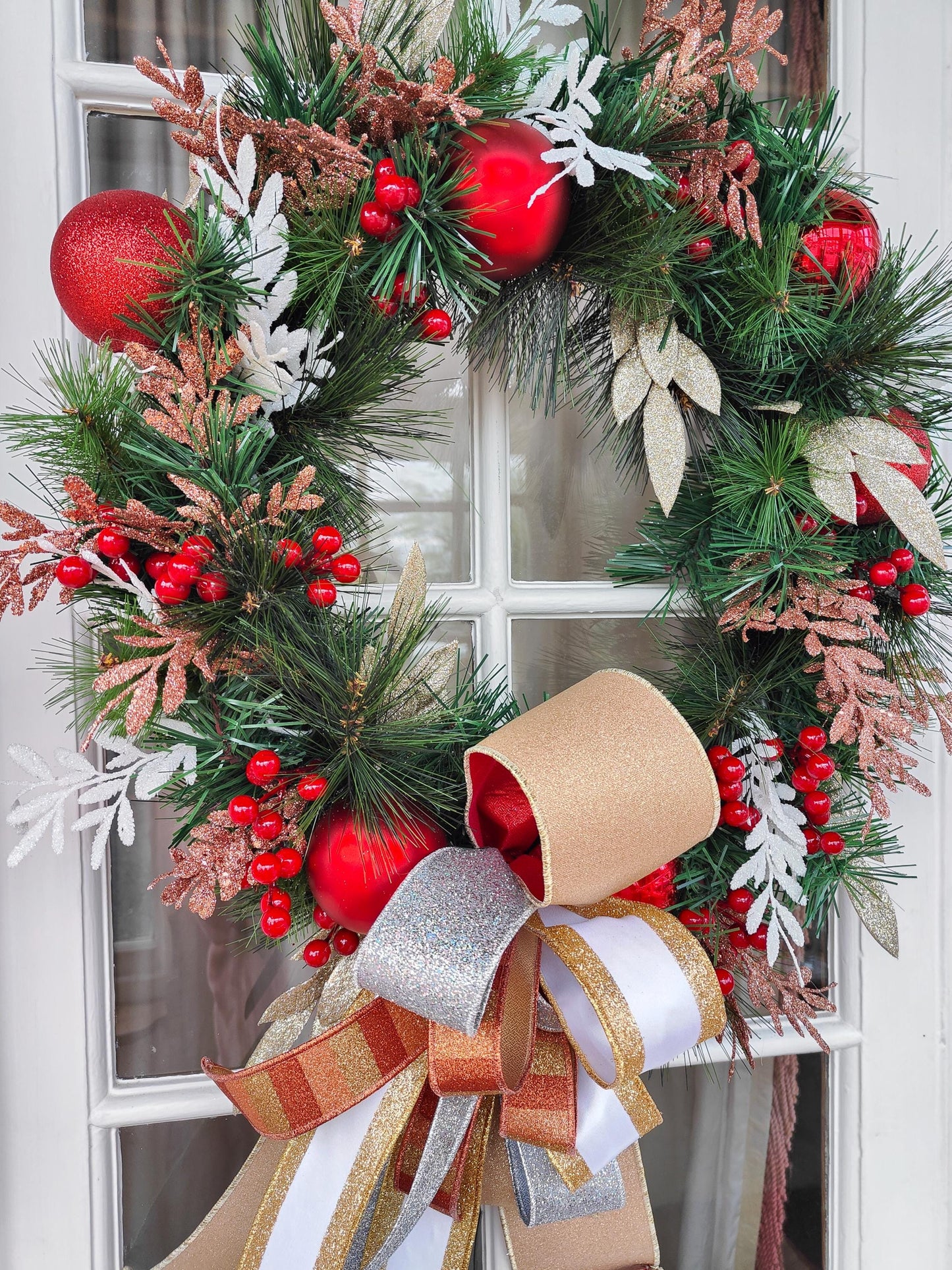 Christmas wreath large copper gold silver white red evergreen faux artificial 64cm