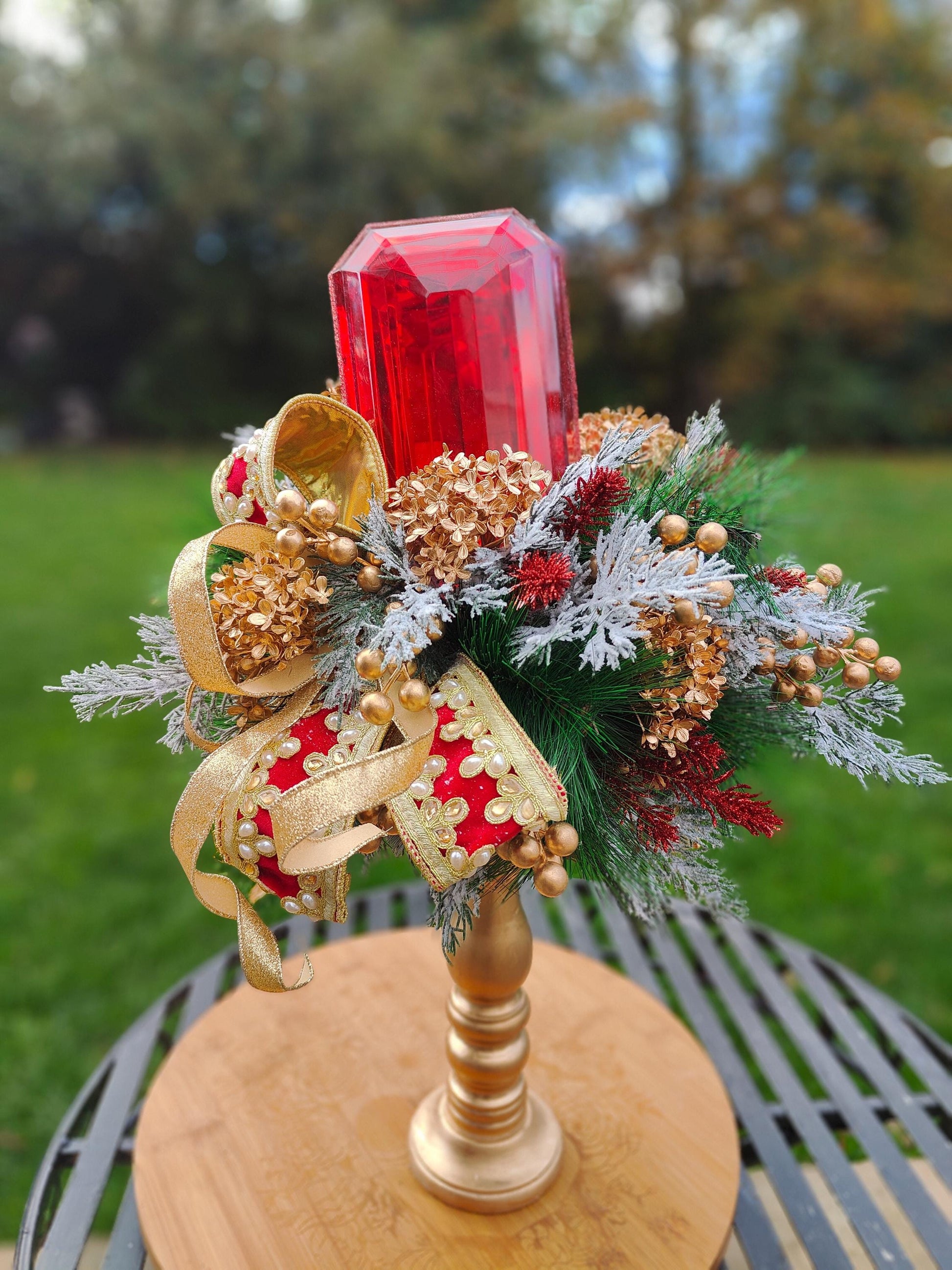 Christmas traditional red and green decoration candlestick arrangement large deluxe