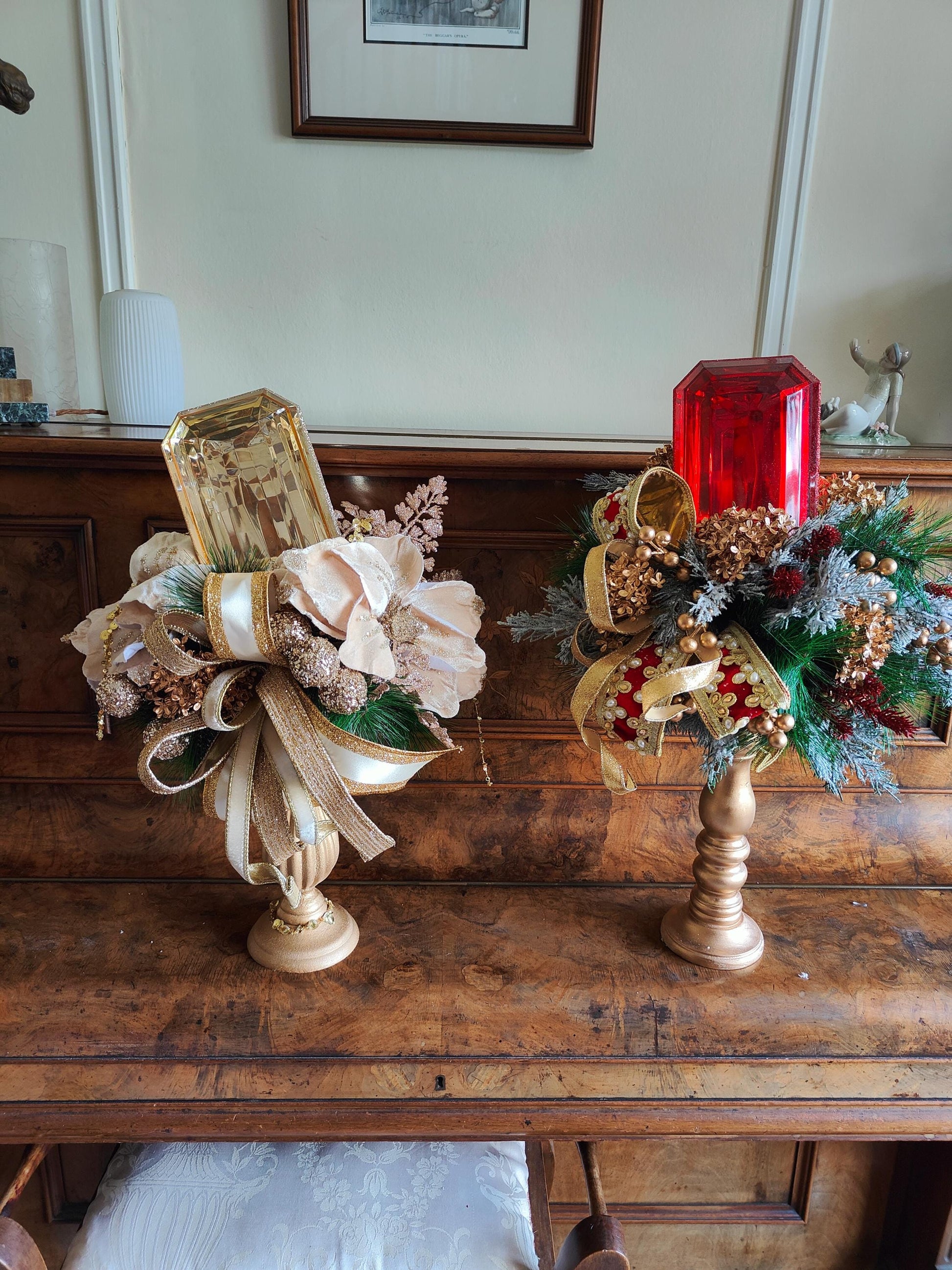 Christmas traditional red and green decoration candlestick arrangement large deluxe