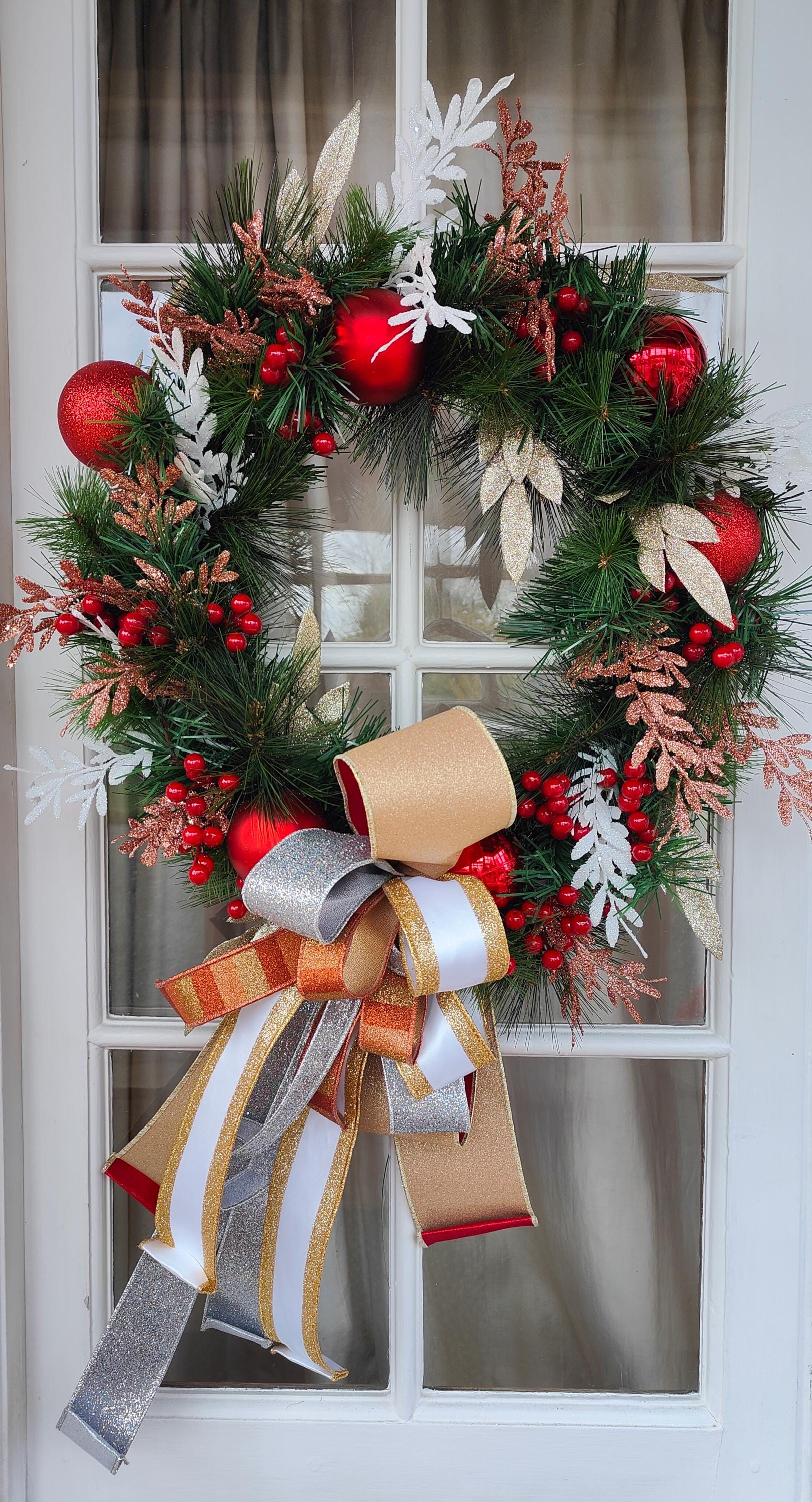 Christmas wreath large copper gold silver white red evergreen faux artificial 64cm