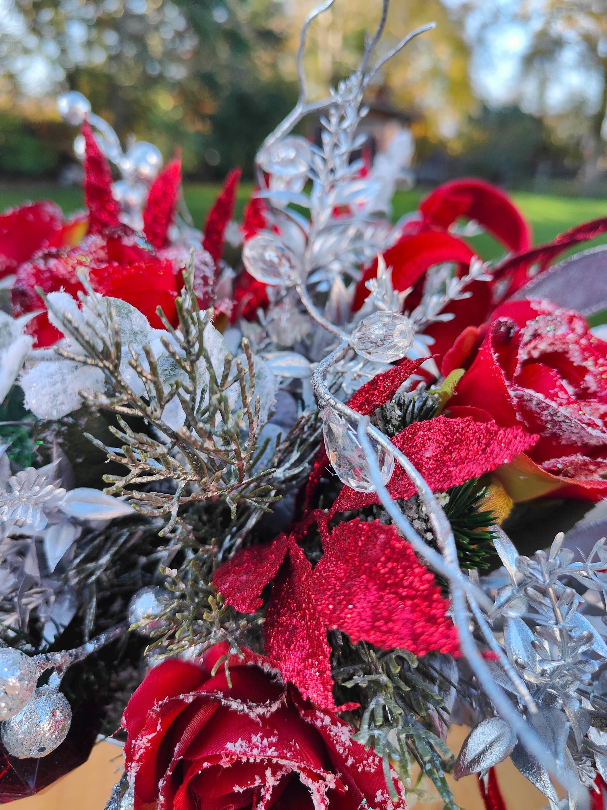 Christmas red and silver tablecentre faux artificial flowers centrepiece decoration