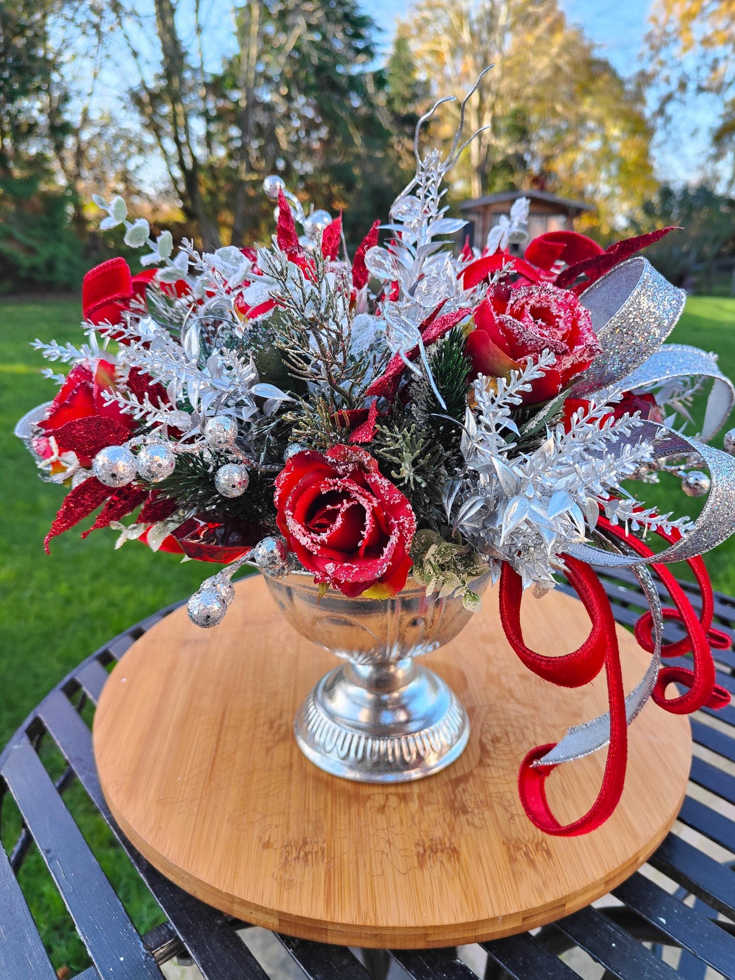 Christmas red and silver tablecentre faux artificial flowers centrepiece decoration
