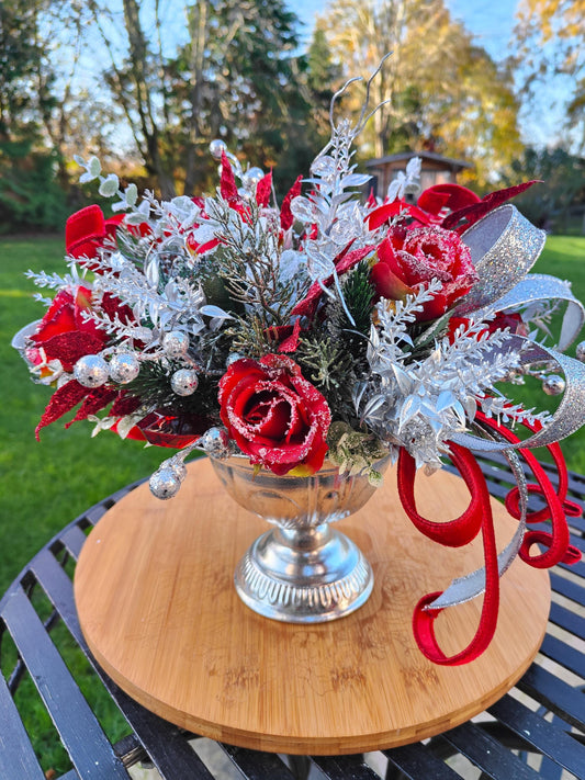 Christmas red and silver tablecentre faux artificial flowers centrepiece decoration