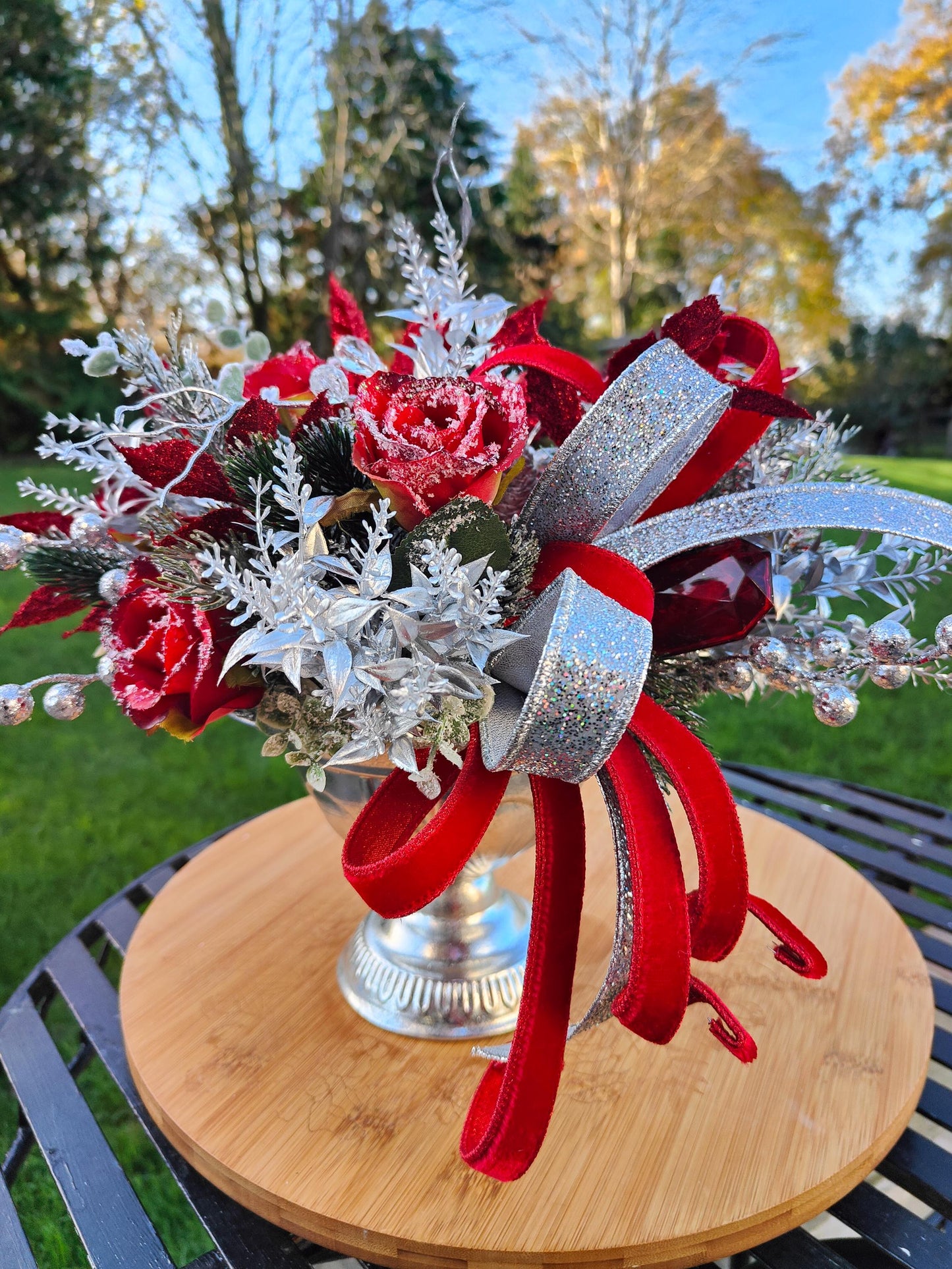 Christmas red and silver tablecentre faux artificial flowers centrepiece decoration