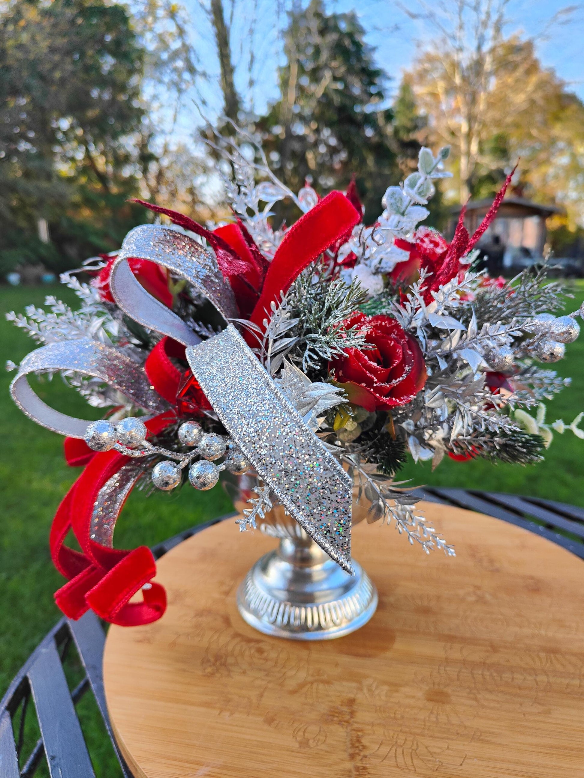 Christmas red and silver tablecentre faux artificial flowers centrepiece decoration
