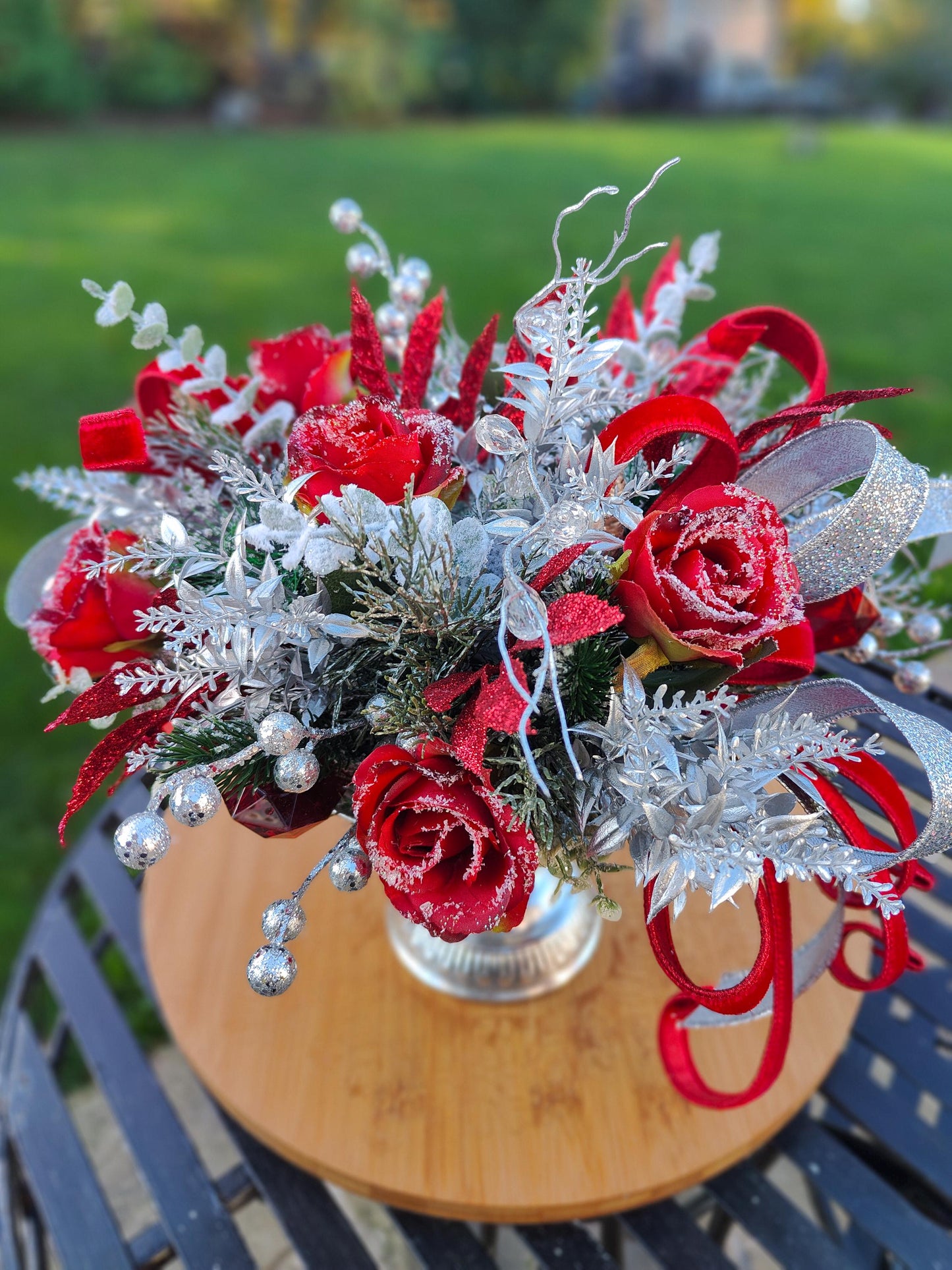 Christmas red and silver tablecentre faux artificial flowers centrepiece decoration