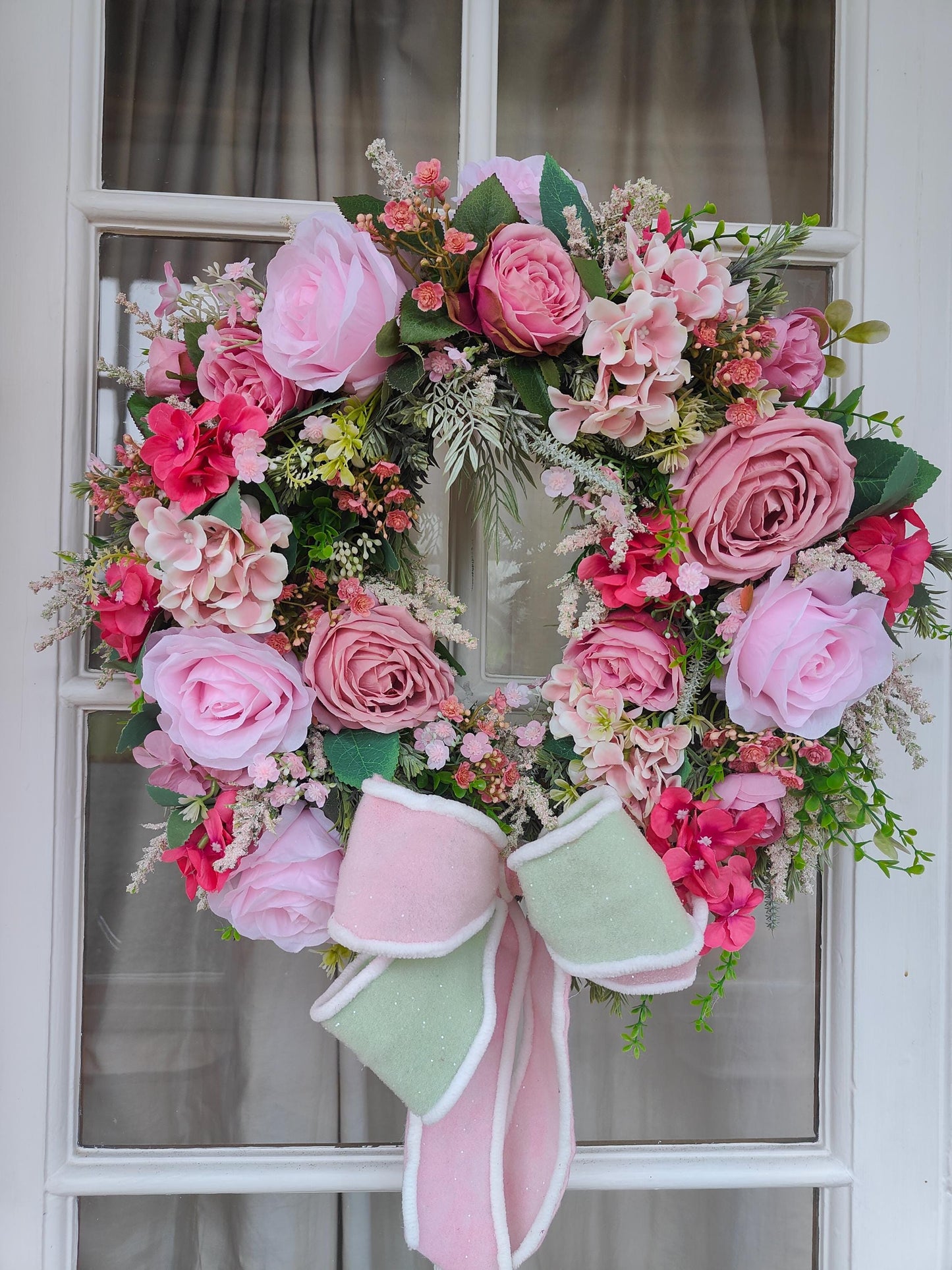 Wreath pink vintage rose pinks deluxe luxury flowers florals Spring Summer door wreath hanger