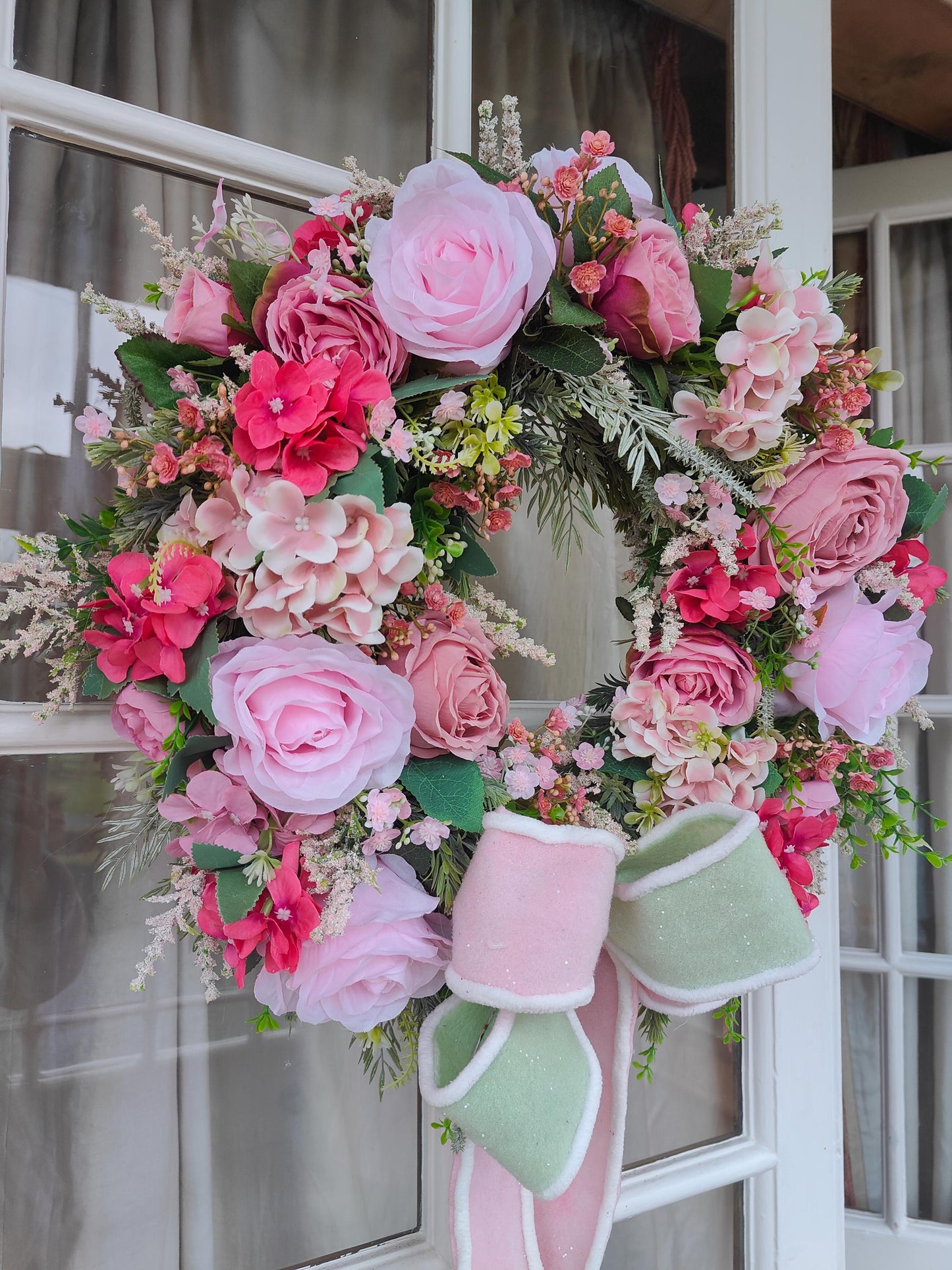 Wreath pink vintage rose pinks deluxe luxury flowers florals Spring Summer door wreath hanger