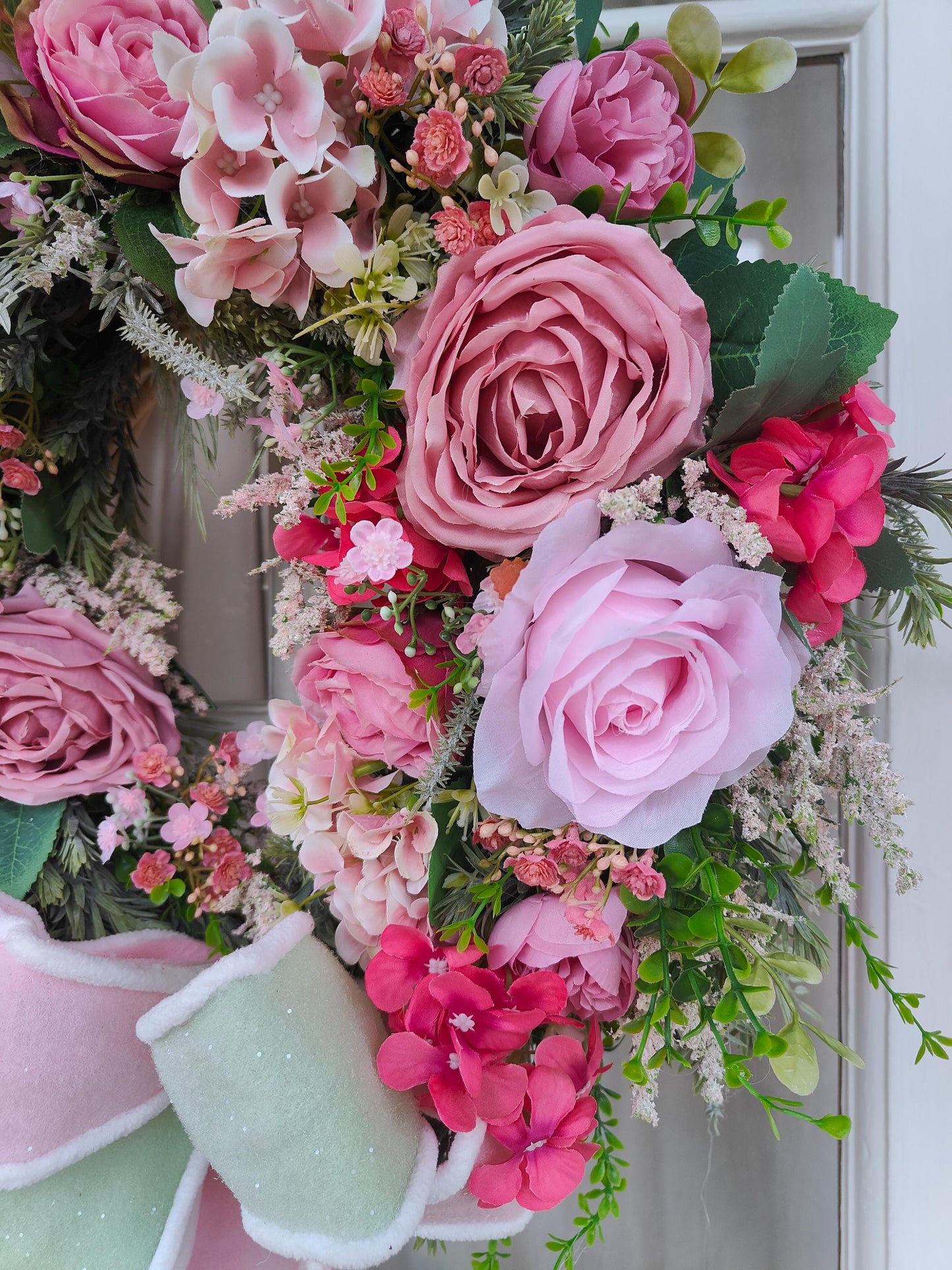 Wreath pink vintage rose pinks deluxe luxury flowers florals Spring Summer door wreath hanger