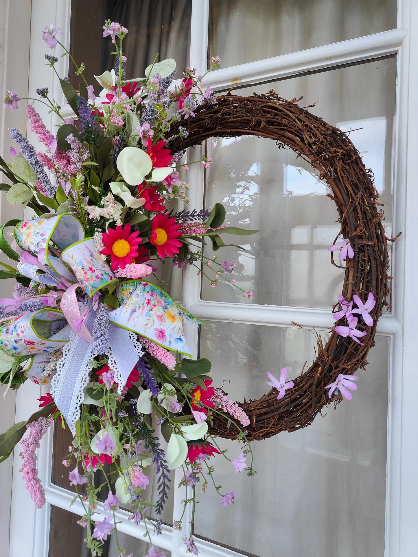Wreath Spring Summer multi coloured wild flowers Farrisilk ribbons pinks lavenders greens