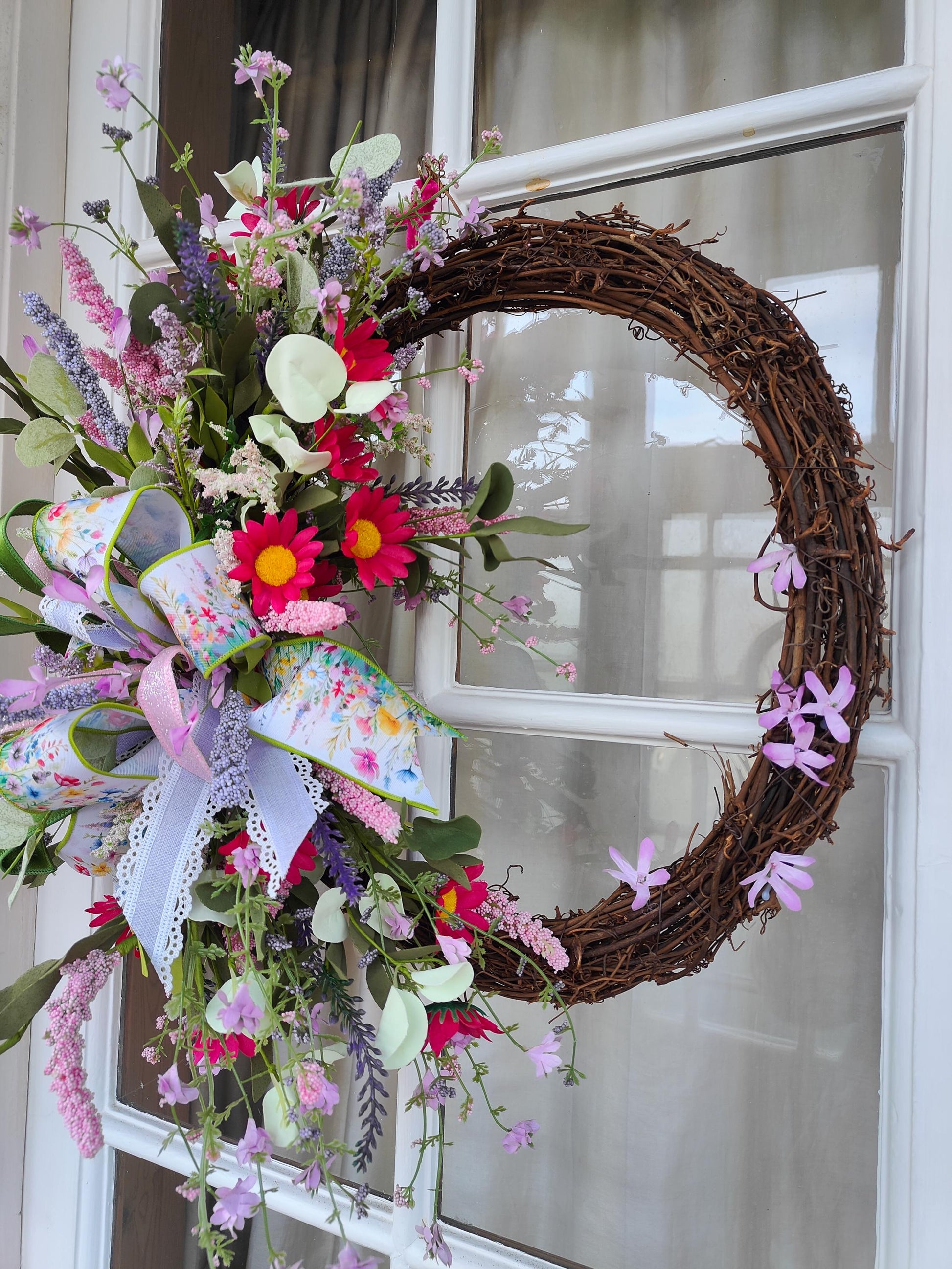 Wreath Spring Summer multi coloured wild flowers Farrisilk ribbons pinks lavenders greens
