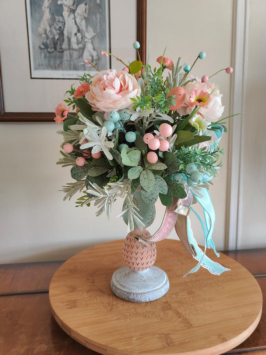 Easter flower tablecentre candlestick decoration home decor Easter eggs pastel pinks and turquoise blue