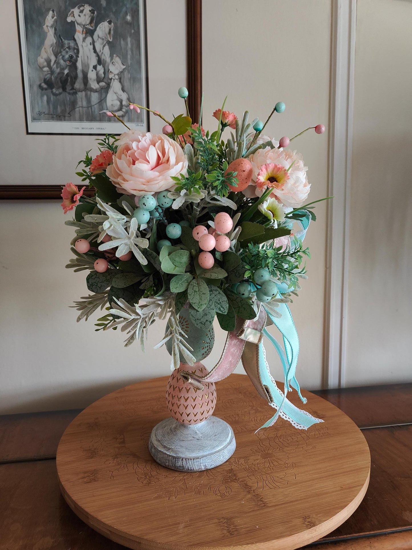 Easter flower tablecentre candlestick decoration home decor Easter eggs pastel pinks and turquoise blue