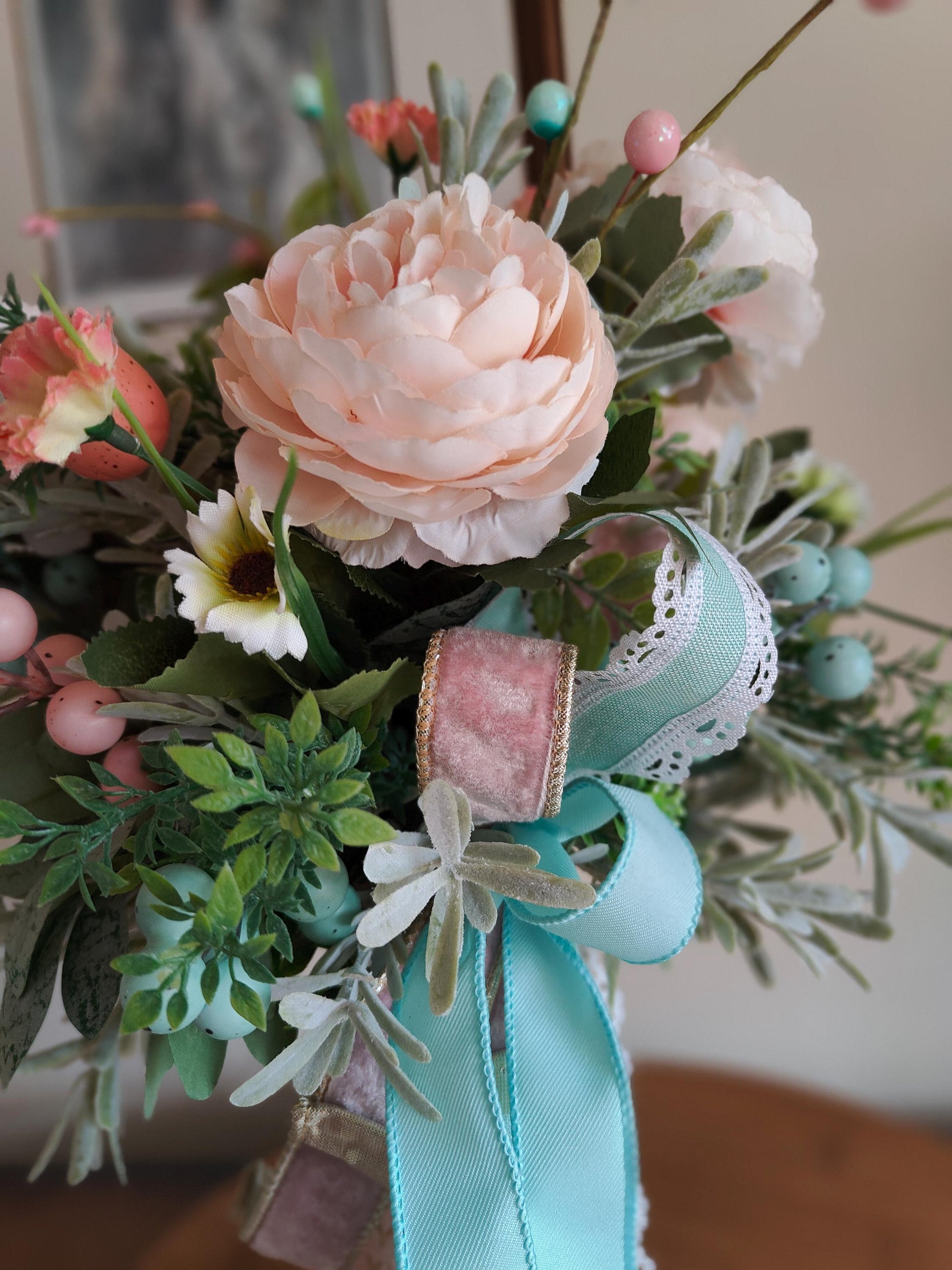 Easter flower tablecentre candlestick decoration home decor Easter eggs pastel pinks and turquoise blue