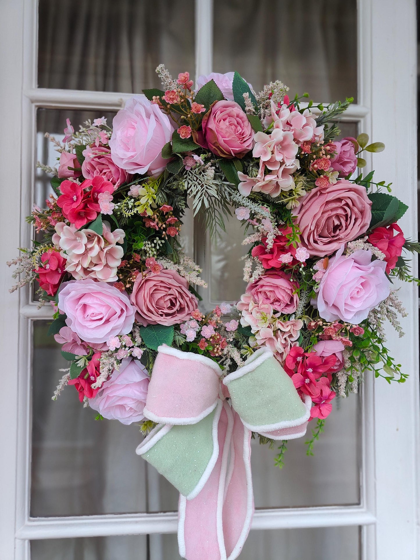 Wreath pink vintage rose pinks deluxe luxury flowers florals Spring Summer door wreath hanger