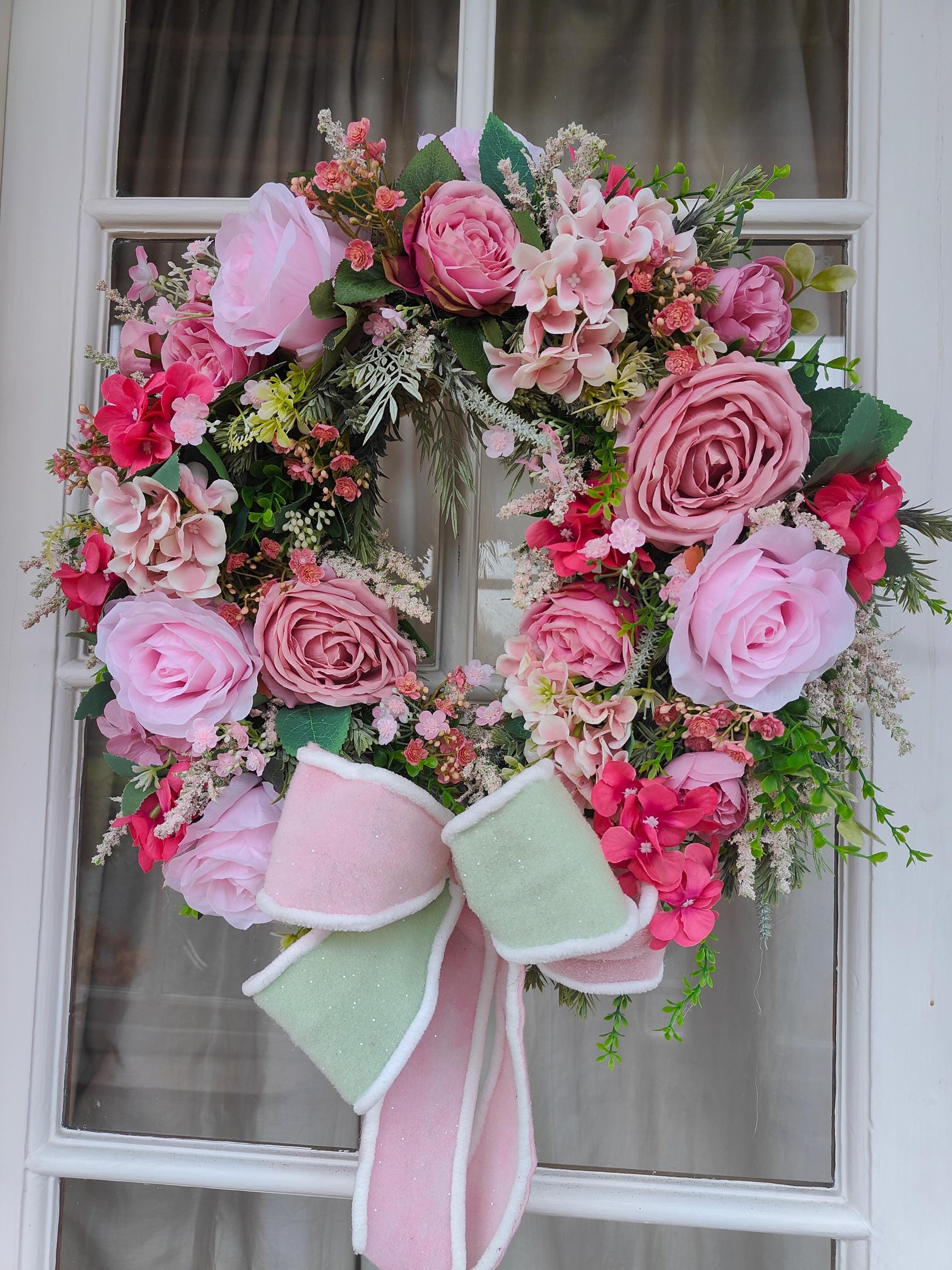 Wreath pink vintage rose pinks deluxe luxury flowers florals Spring Summer door wreath hanger