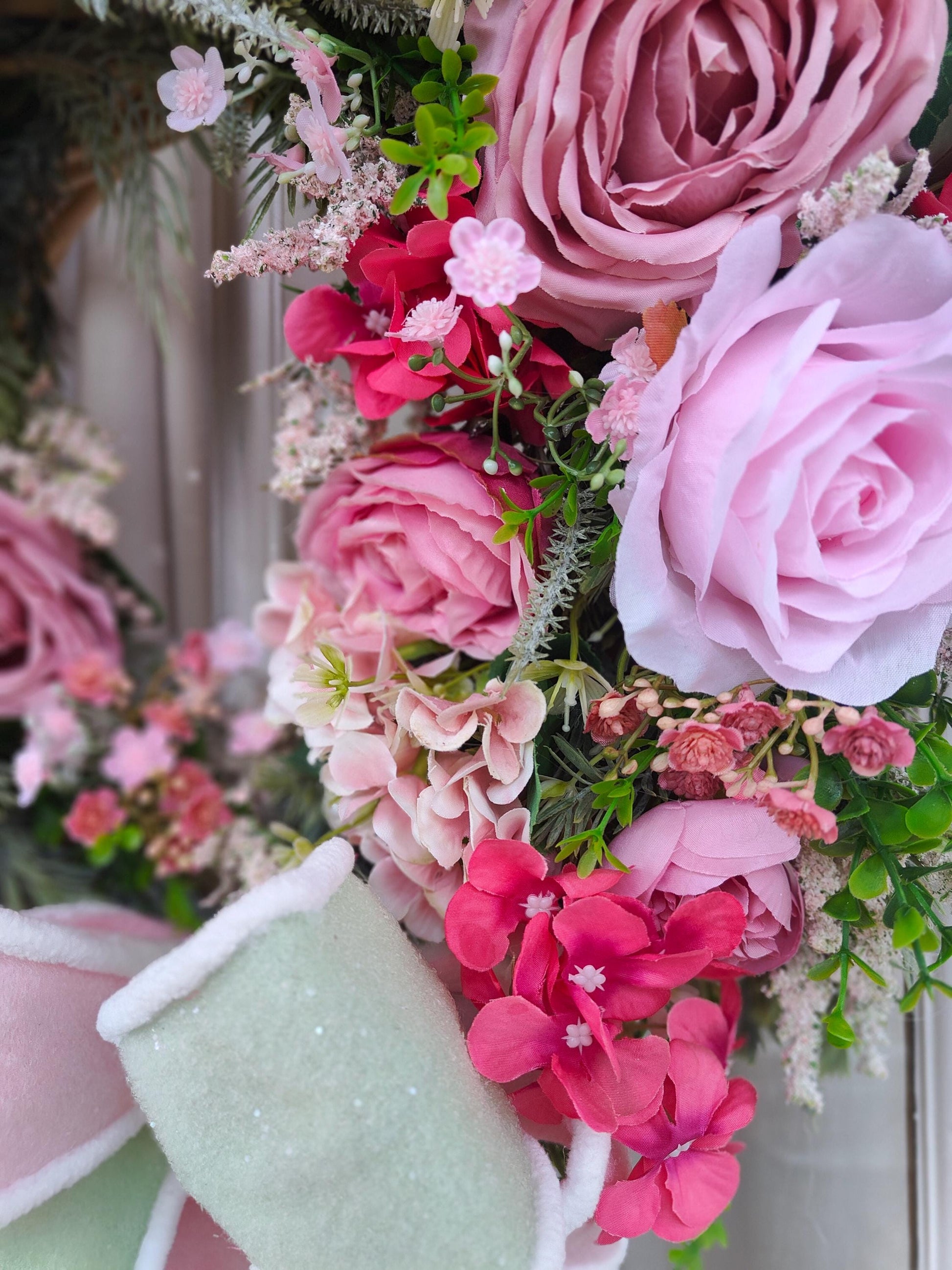 Wreath pink vintage rose pinks deluxe luxury flowers florals Spring Summer door wreath hanger