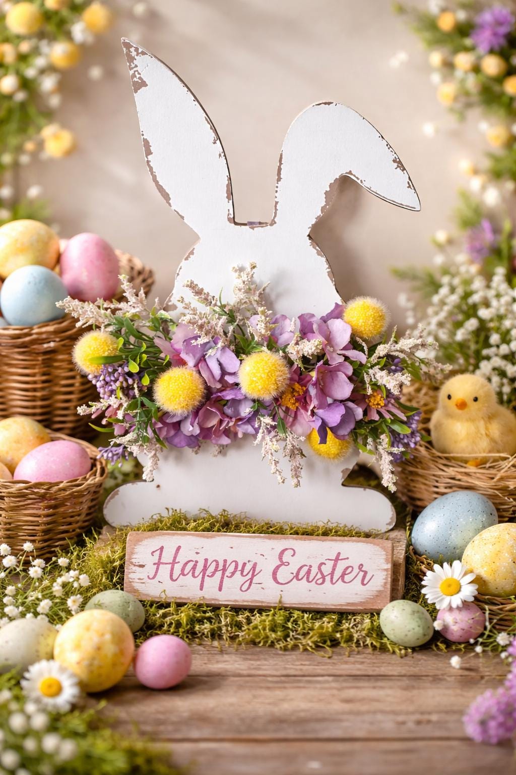 Easter bunny decoration cut out sign bunny ears artificial flowers