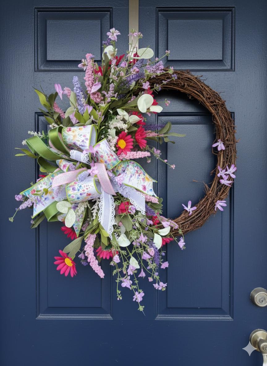 Wreath Spring Summer multi coloured wild flowers Farrisilk ribbons pinks lavenders greens