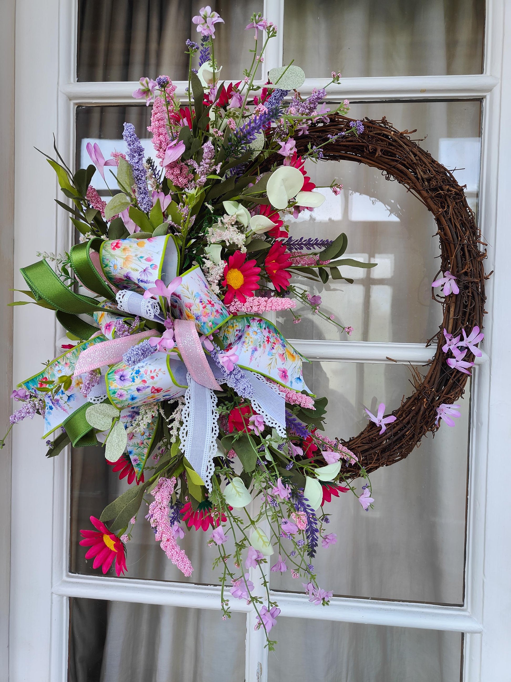 Wreath Spring Summer multi coloured wild flowers Farrisilk ribbons pinks lavenders greens