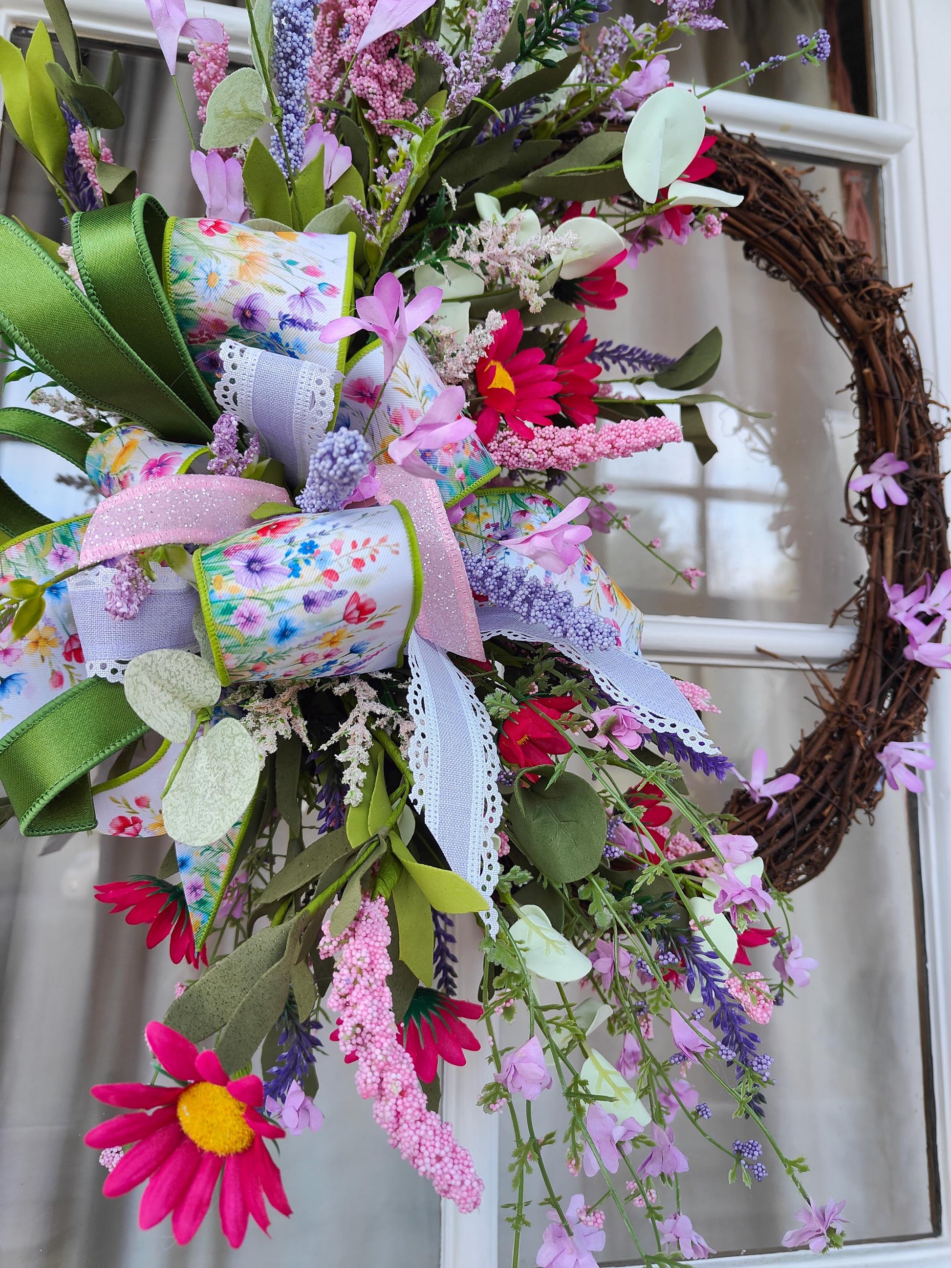 Wreath Spring Summer multi coloured wild flowers Farrisilk ribbons pinks lavenders greens