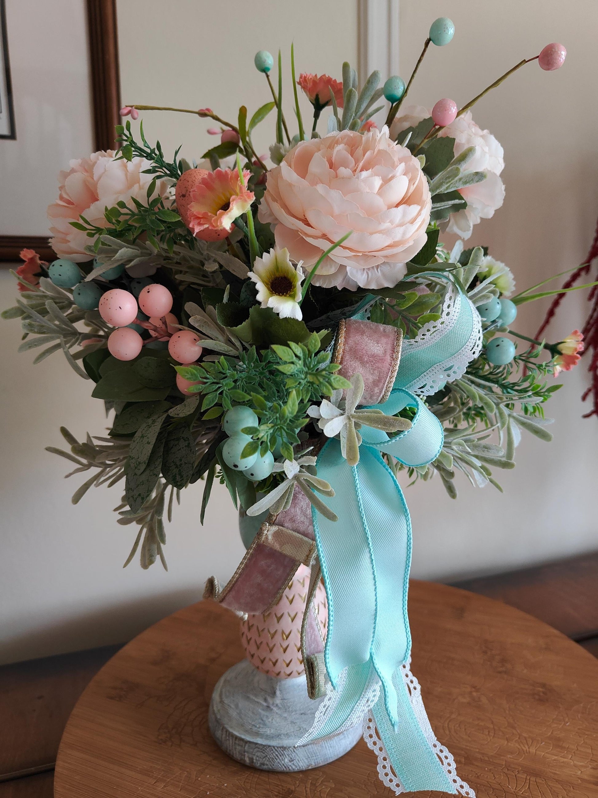 Easter flower tablecentre candlestick decoration home decor Easter eggs pastel pinks and turquoise blue