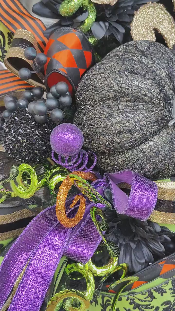 Halloween Wreath black large deluxe Baroque Glam Pumpkins, Black & Gold Door Decor