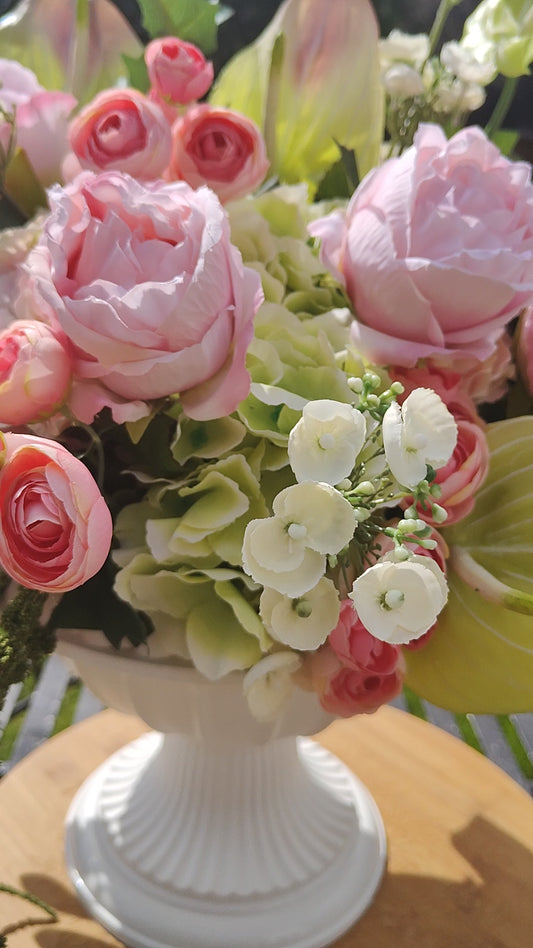 Pink and green large urn planter centrepiece tablecentre, wedding flowers, garden decor
