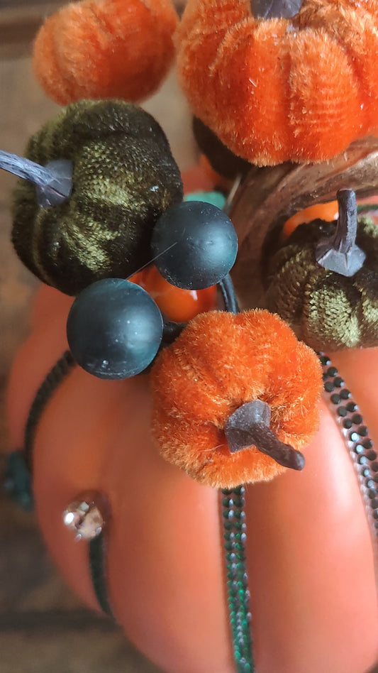 Pumpkins orange bling embellished diamante Autumn decor tablecentre pair