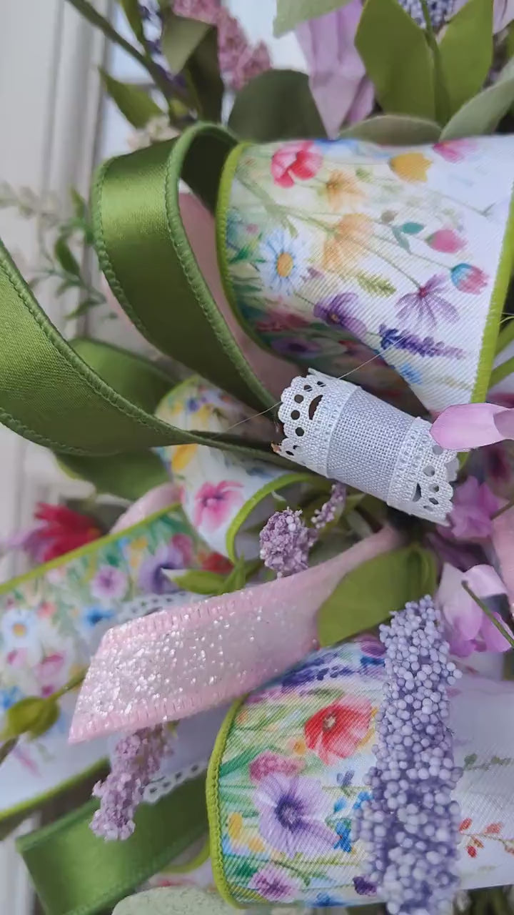 Wreath Spring Summer multi coloured wild flowers Farrisilk ribbons pinks lavenders greens