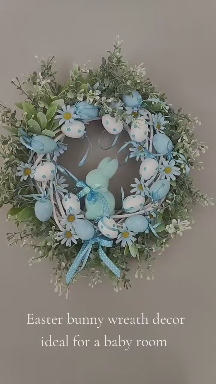 Easter Wreath baby blue pastel Bunny, Eggs & Daisies Nursery Decor