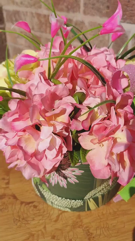 Floral Hat Box: Pink Hydrangeas, Greenery, Home Decor