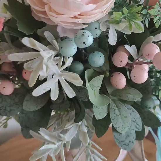 Easter flower tablecentre candlestick decoration home decor Easter eggs pastel pinks and turquoise blue