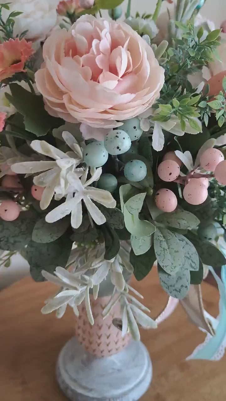 Easter flower tablecentre candlestick decoration home decor Easter eggs pastel pinks and turquoise blue
