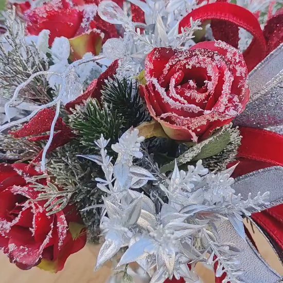 Christmas red and silver tablecentre faux artificial flowers centrepiece decoration