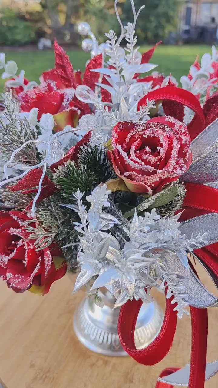 Christmas red and silver tablecentre faux artificial flowers centrepiece decoration