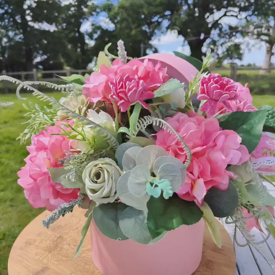Pink Hydrangea & Rose Arrangement, Hat Box Centrepiece